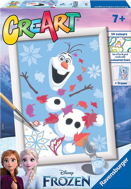 Ravensburger - CreArt Serie E: Frozen, Olaf Felice, Kit Dipingere i Numeri, Contiene una Tavola Prestampata, Pennello