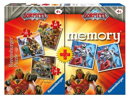 Ravensburger - Multipack Gormiti, Memory 48 Carte + 3 PuzzleBambino da 25/36/49 pezzi, 4+ Anni