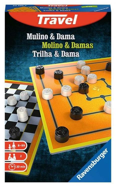 Ravensburger - Mulino & Dama Travel , Gioco da Tavolo Tascabile, 2-4 Giocatori, 8+ Anni