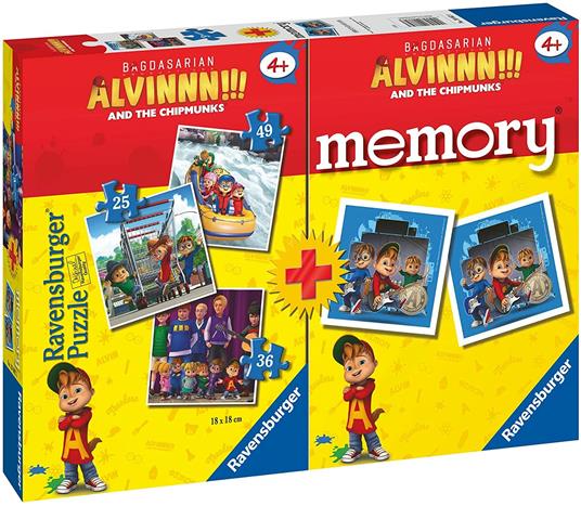 Ravensburger - Multipack Alvin, Memory 48 Carte + 3 Puzzle Bambino da 25/36/49 pezzi, 4+ AnniBambino da 25/36/49 pezzi - 3