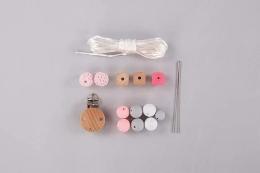 Kit fai da te - Clip per ciuccio in legno con perline in silicone rosa - 6