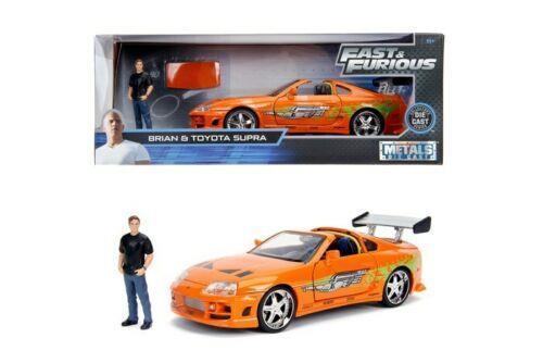 Jada Toys Fast & Furious Brian's 1995 Toyota Supra Auto Tuning Modello Scala 1:24 con Spoiler, Porte apribili, cofano e bagagliaio, tetto rimovibile, figura Brian O'Conner, arancione - 2