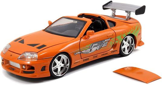 Jada Toys Fast & Furious Brian's 1995 Toyota Supra Auto Tuning Modello Scala 1:24 con Spoiler, Porte apribili, cofano e bagagliaio, tetto rimovibile, figura Brian O'Conner, arancione - 3