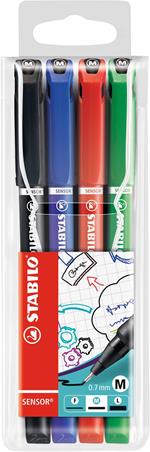 Fineliner con punta ammortizzata - STABILO SENSOR M - Tratto Medio (0,7 mm) - Astuccio da 4 - Nero/Blu/Rosso/Verde