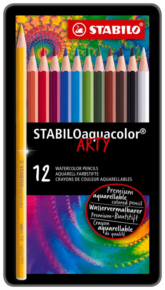 Matita colorata acquarellabile - STABILOaquacolor - Scatola in Metallo da 12 - Colori assortiti - 34