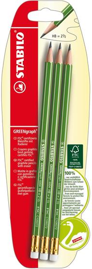Matita in grafite Ecosostenibile- STABILO GREENgraph - con gommino - certificata FSC - Pack da 3 - Gradazione HB