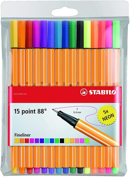 Fineliner - STABILO point 88 - Astuccio da 15 (10 + 5 NEON) - Colori  assortiti - STABILO - Cartoleria e scuola