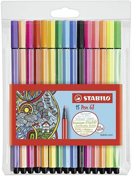 Pennarello Premium - STABILO Pen 68 - Astuccio da 15 (10 base + 5 Neon) -  Colori assortiti