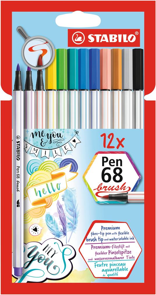 Pennarello Premium con punta a pennello - STABILO Pen 68 brush - Astuccio  da 12 - con 12 colori assortiti - STABILO - Cartoleria e scuola | IBS
