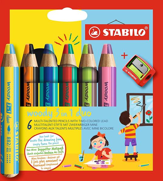 Matita colorata Multi-Funzione - STABILO woody 3 in 1 duo, Mina 2 Colori,  Astuccio da 6, Temperino, 6 Matitoni e 12 colori - STABILO - Cartoleria e  scuola | IBS