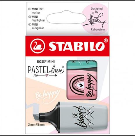 STABILO Boss Mini PASTELlove, Evidenziatore, Punta a scalpello, 2 mm - 5  mm, Colori pastello assortiti: verde menta, rosa antico, carta da zucchero  (confezione 3 pezzi) - Evidenziatori