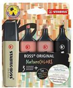 Evidenziatore - STABILO BOSS ORIGINAL NatureCOLORS - Astuccio da 4 - Verde Oliva/Terra di Siena/Fava di Cacao/Nero