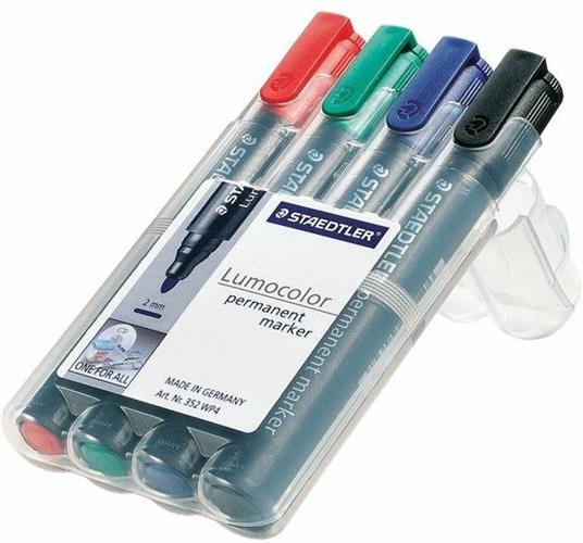 Marcatore Staedtler Lumocolor Permanent punta tonda 2 mm. Confezione 4 colori assortiti