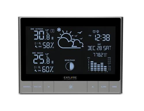 EXPLORE SCIENTIFIC WSH5002 Stazione Meteo orizzontale, Ampio Display,  Temperatura, umidità interna e esterna, previsioni del tempo, supporta fino  a 3 canali esterni, sensore incluso, nero - Explore Scientific - Casa e  Cucina | IBS