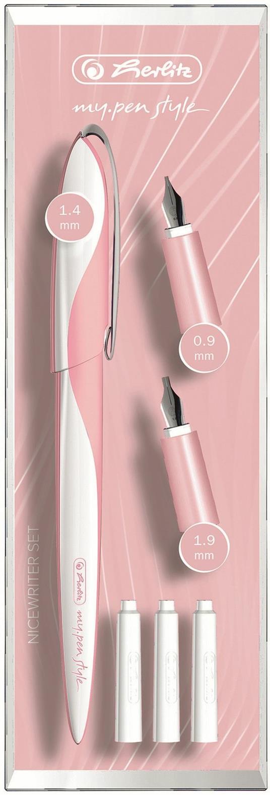 Set calligrafico Herlitz Nicewrite con stilografica calligrafica con 3 pennini in diverse larghezze fusto Rosa. Rosa