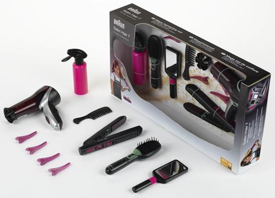 Theo Klein 5873 Mega Set Braun Satin Hair 7, con Piastra Lisciante,  Spazzola, Phon a Batterie