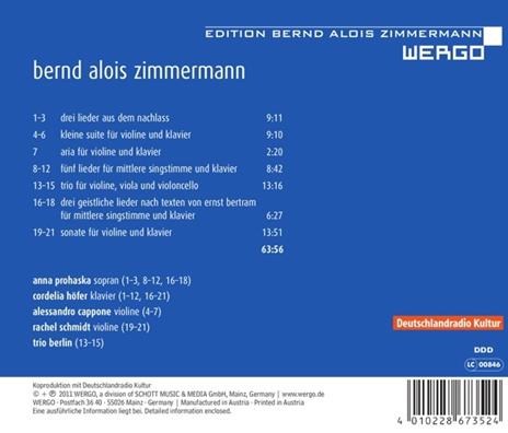 Lieder und Fruhe Kammermu - CD Audio di Bernd Alois Zimmermann - 2