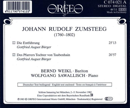 ZUMSTEEG Johann Rudolf - Entfuhrung (1794) - CD Audio - 2