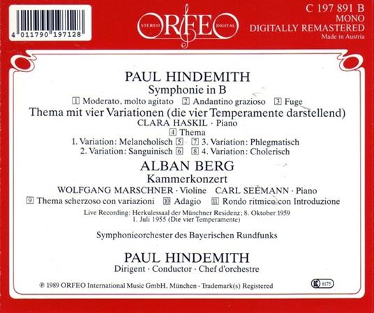 Sinfonia per banda - Die vier Temperamente - CD Audio di Alban Berg,Paul Hindemith,Clara Haskil,Carl Seemann,Orchestra Sinfonica della Radio Bavarese - 2