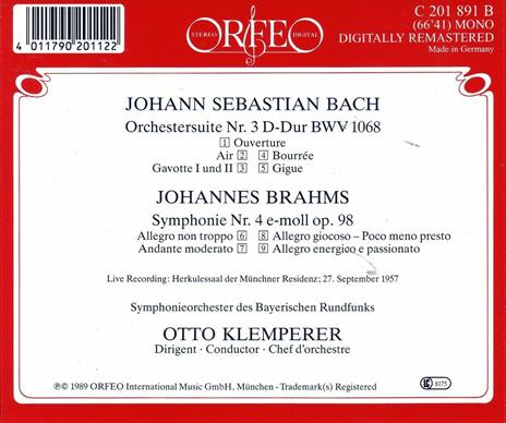 Suite per orchestra n.3 in Re maggiore / Sinfonia n.4 in Mi minore op.98 - CD Audio di Johann Sebastian Bach,Johannes Brahms,Otto Klemperer,Orchestra Sinfonica della Radio Bavarese - 2