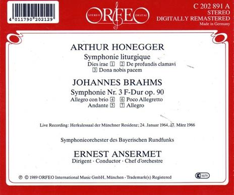 Sinfonia liturgica / Sinfonia n.3 - CD Audio di Johannes Brahms,Arthur Honegger,Ernest Ansermet - 2