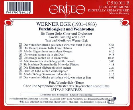 Furchtlosigkeit & Wohlwollen - CD Audio di Fritz Wunderlich,Istvan Kertesz,Werner Egk,Orchestra Sinfonica della Radio Bavarese,Coro della Radio Bavarese - 2