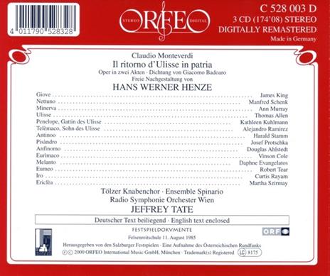 Il ritorno d'Ulisse in patria - CD Audio di Claudio Monteverdi,Hans Werner Henze,Jeffrey Tate,Ann Murray,Radio Symphony Orchestra Vienna - 2