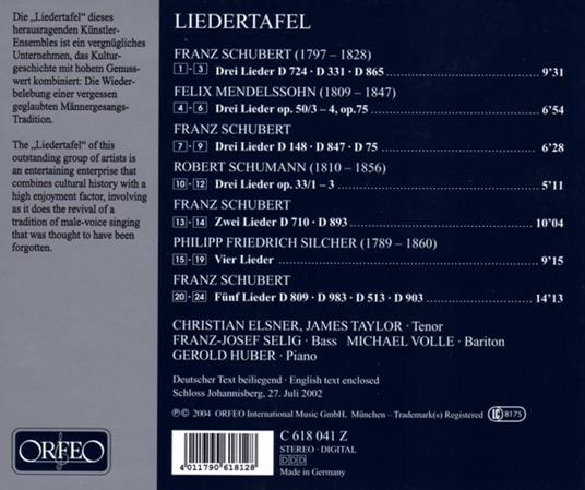 Liedertafel - CD Audio di Franz Schubert,Robert Schumann,Felix Mendelssohn-Bartholdy,Friedrich Silcher - 2