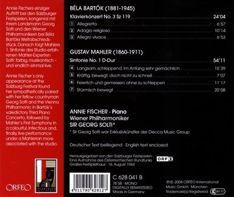 Sinfonia n.1 / Concerto per pianoforte n.3 - CD Audio di Gustav Mahler,Bela Bartok,Georg Solti,Annie Fischer,Wiener Philharmoniker - 2
