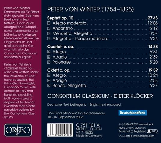 Quartet, Septet and Octet for Winds - CD Audio di Peter von Winter - 2
