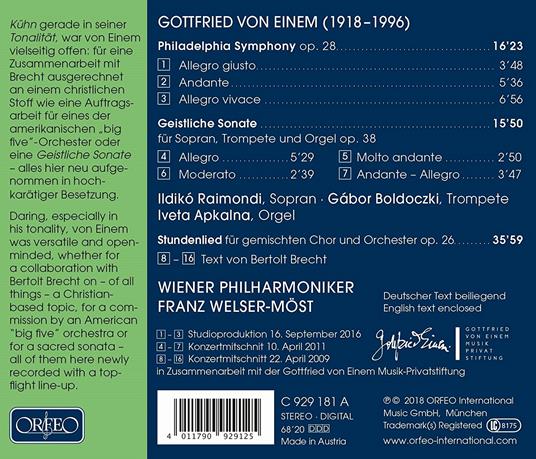 Philadelphia Symphonie op.28 - Geistliche Sonate op.38 - CD Audio di Wiener Philharmoniker,Franz Welser-Möst,Gottfried von Einem,Ildiko Raimondi - 2
