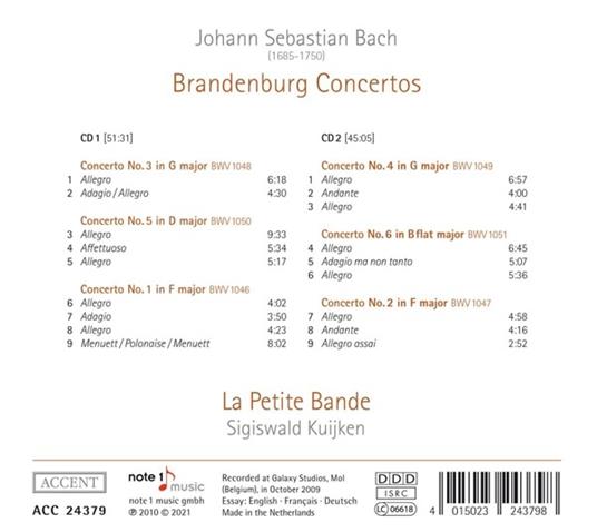 Brandenburg Concertos - CD Audio di Johann Sebastian Bach,Sigiswald Kuijken,La Petite Bande - 2