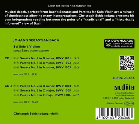 Sonate e partite per violino solo BWV1001, BWV1002, BWV1003, BWV1004, BWV1005, BWV1006 - CD Audio di Johann Sebastian Bach - 2