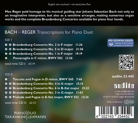 Concerti Brandeburghesi. Trascrizioni per 2 pianoforti di Max Reger - CD Audio di Johann Sebastian Bach,Duo Pianistico Takahashi-Lehmann - 2