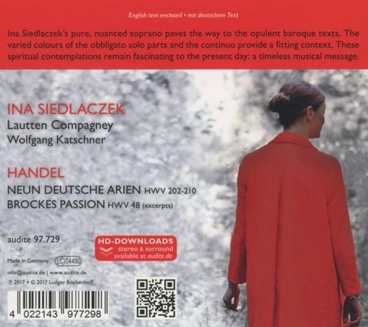 Neun Deutsche Arien HWV202, HWV210 - Brockkes Passion HWV48 - CD Audio di Georg Friedrich Händel,Lautten Compagney,Ina Siedlaczek - 2