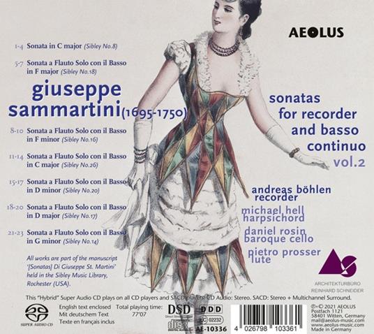 Sonatas For Recorder And Basso Continuo 2 - CD Audio di Giovanni Battista Sammartini,Andreas Bohlen - 2
