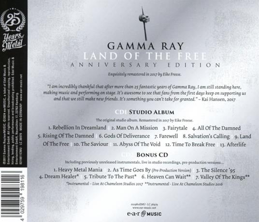 Land of the Free (Anniversary Edition) - CD Audio di Gamma Ray - 2