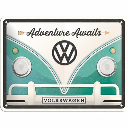 Cartello Tin Sign 15 x 20cm VW Bulli Adventure Awaits, 20x0x15 cm