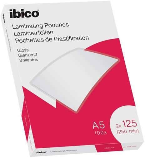 Ibico Basics Confezione da 100 Buste per Plastificazione a Caldo, Leggere, con Finitura Lucida, in Formato A5, Spessore di 2 x 125 Micron, 154 mm x 216 mm x 3 mm, Trasparente