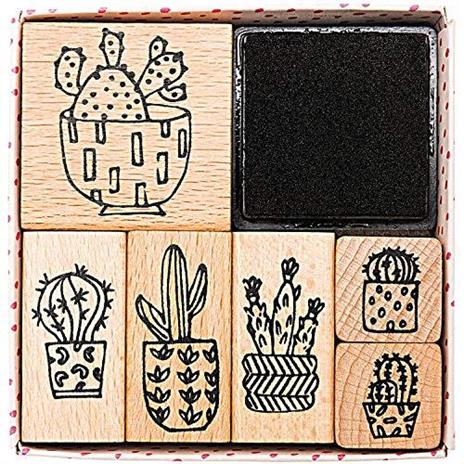 Rico Design 6 timbri in Legno con inchiostratore - Cactus