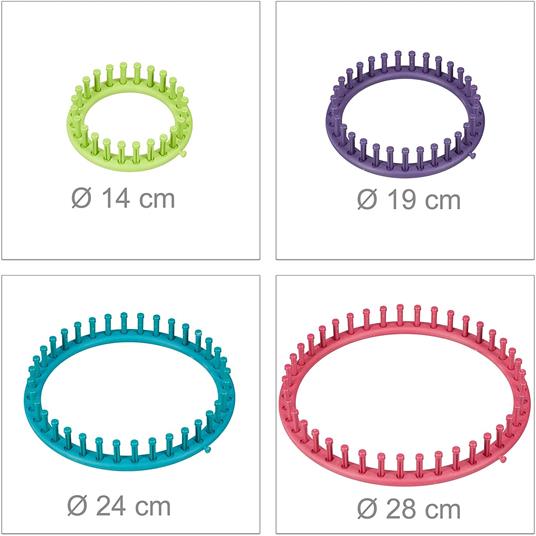 Relaxdays Telai per Lavori a Maglia, con Istruzioni, Set per Principianti, Ø 28cm, 24cm, 19cm, 14cm, Colorato, PP, Multicolore, 4X Telaio + 1x Uncinetto e ago - 4