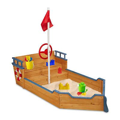 Relaxdays Sabbiera nave, pirata, panca da giardino, altezza 176 x 200 x 95 cm, per bambini, in legno, multicolore