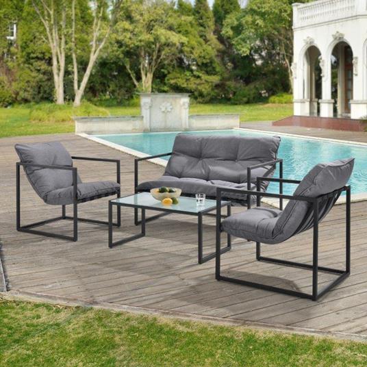 Set Mobili da Giardino Completo di 2 Poltrone e 1 Divano da Esterno con  Cuscini in Olefina e 1 Tavolino con Piano in Vetro. Nero e Grigio - Casa.Pro  - Idee regalo | IBS