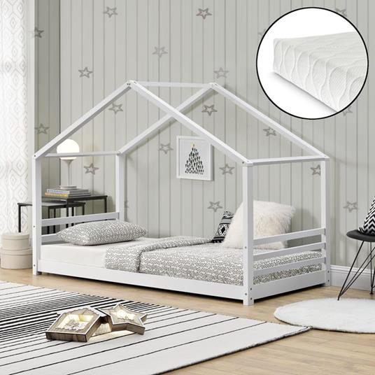 Lettino per Bambino con Materasso a Schiuma Fredda in Varie Misure Letto in  Legno a Forma di Casetta con Materasso Anallergico Oeko-Tex Standard 100  (Bianco, 90 x 200 cm) - En.Casa -