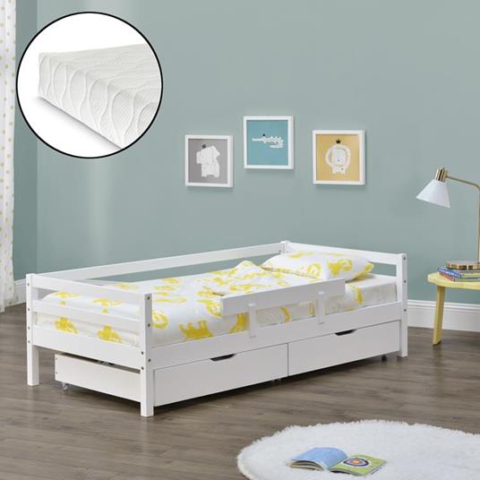 Letto per Bambino Ragazzo con Materasso a Schiuma Fredda 90x200 cm, in  Legno di Pino con Corrimano Laterale e 2 Cassetti Portabiancherie. Bianco -  En.Casa - Casa e Cucina | IBS