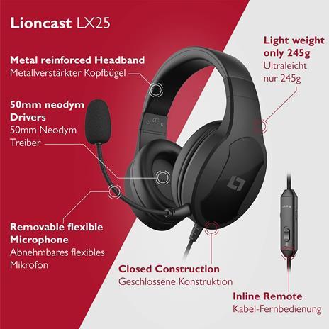 Lioncast LX25 Cuffia da Gioco - Cuffie Stereo Audio con Driver al Neodimio da 50mm, Compatibile con Windows PC, Mac, Nintendo Switch, PS5, PS4, Xbox One - Microfono Staccabile, Padiglioni Memory Foam - 2