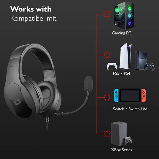 Lioncast LX25 Cuffia da Gioco - Cuffie Stereo Audio con Driver al Neodimio da 50mm, Compatibile con Windows PC, Mac, Nintendo Switch, PS5, PS4, Xbox One - Microfono Staccabile, Padiglioni Memory Foam - 3