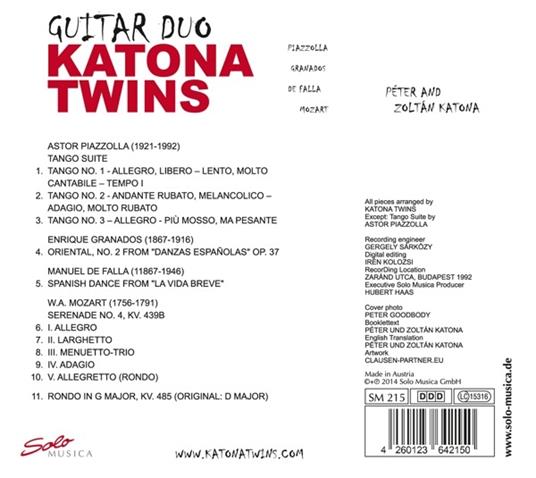Guitar Duo Katona Twins - CD Audio di Wolfgang Amadeus Mozart,Manuel De Falla,Enrique Granados,Astor Piazzolla,Katona Twins - 2