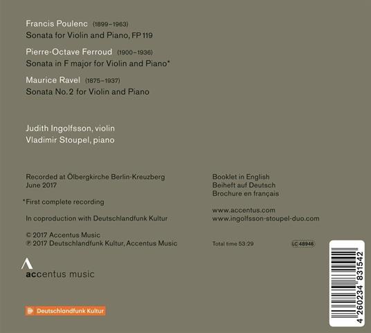 Sonata per violino e pianoforte FP 119 - CD Audio di Francis Poulenc,Maurice Ravel,Pierre-Octave Ferroud,Judith Ingolfsson - 2