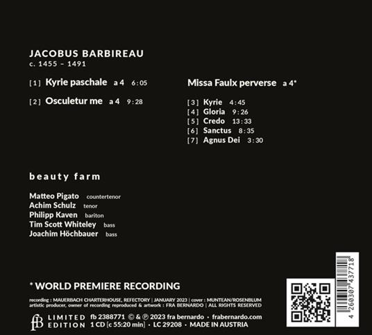Jacobus Barbireau. Mass & Motets - CD Audio di Beauty Farm - 2